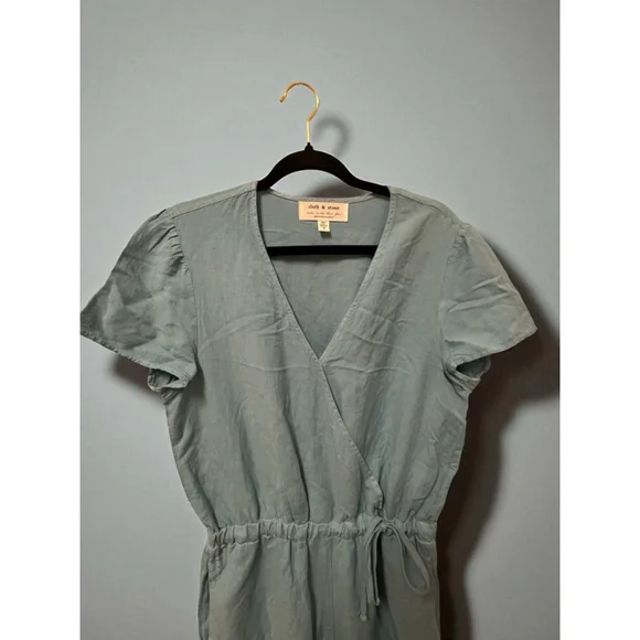 Cloth & Stone Anthropologie Linen Blend Jumpsuit Blue Wrap Short Sleeve Size M - Picture 5 of 16